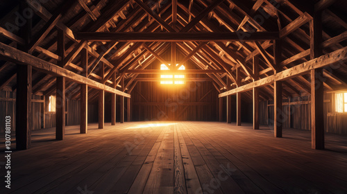 Rustic Wooden Hall with Exposed Beams, Soft Ambient Lighting, and a Welcoming Atmosphere, Creating a Cozy Yet Spacious Environment Perfect for Showcasing Text copy space
