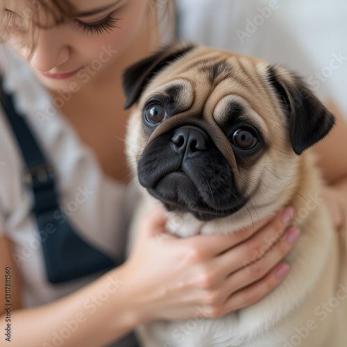 Woman caressing pug dog