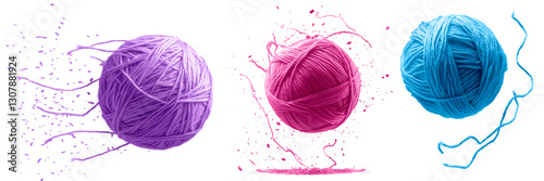 Colorful yarn balls isolated on a transparent background. Three vibrant knitting threads in purple, pink, and blue tones, unraveling in motion with dynamic fiber strands. photo