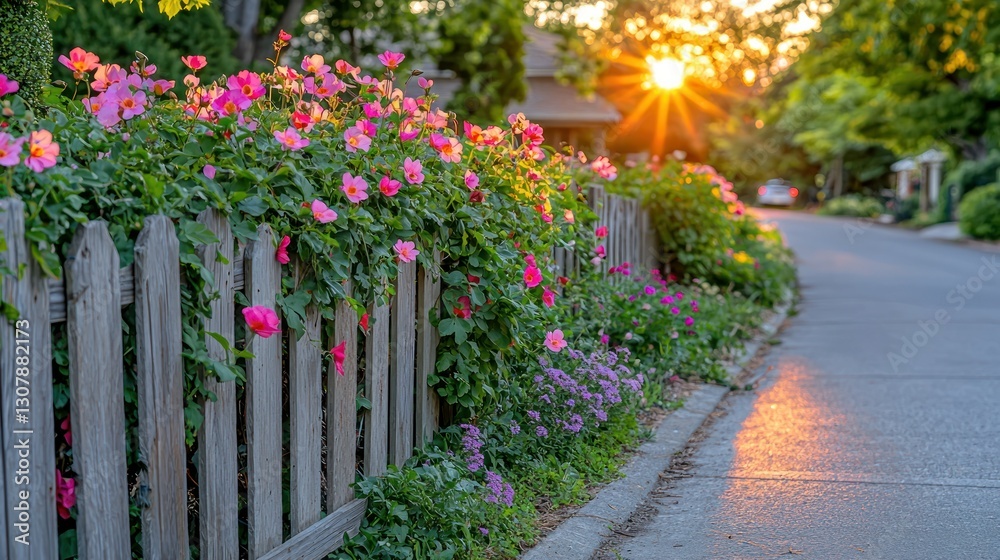 Fototapeta premium Blooming roses adorn fence row along peaceful street at sunset, promoting beauty