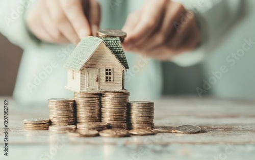 Hands placing coins on a miniature house atop a stack of coins.