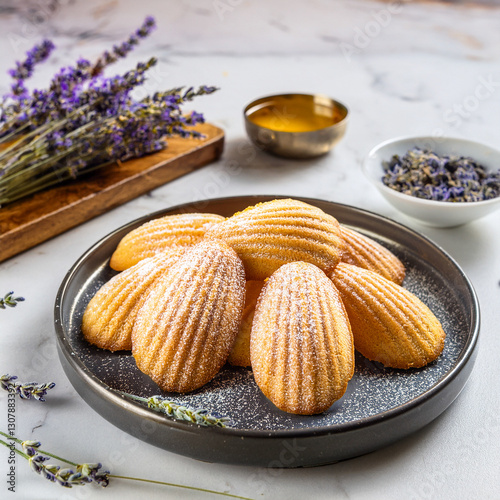 Earl Grey Lavender Madeleines; light and fluffy madeleines infused with Earl Grey tea and lavender, dusted with powdered sugar and garnished with edible lavender flowers