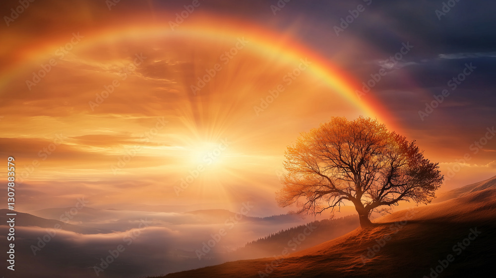 Fototapeta premium A stunning sunrise with double rainbow over misty valley