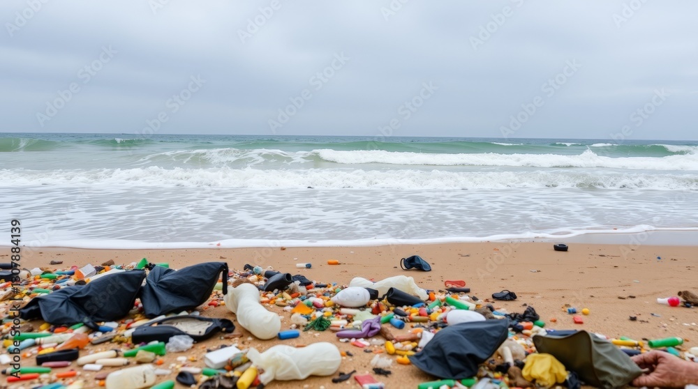Generative AI. Washed-up trash, dark stormy clouds, dramatic lighting. Generative AI. Washed-up trash, dark stormy clouds, dramatic lighting.