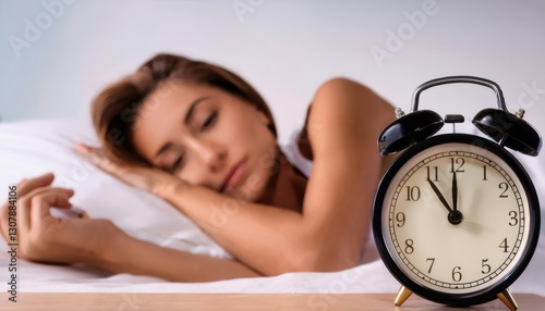 Woman sleeping peacefully in bed while alarm clock is showing midnight, concept of healthy sleep and relaxation