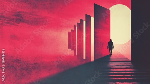 A lone figure walks towards a bright future, passing through a series of symbolic doors. Red hues dominate the surreal, dreamlike scene.