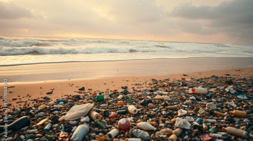Generative AI. Washed-up trash, dark stormy clouds, dramatic lighting. Generative AI. Washed-up trash, dark stormy clouds, dramatic lighting.