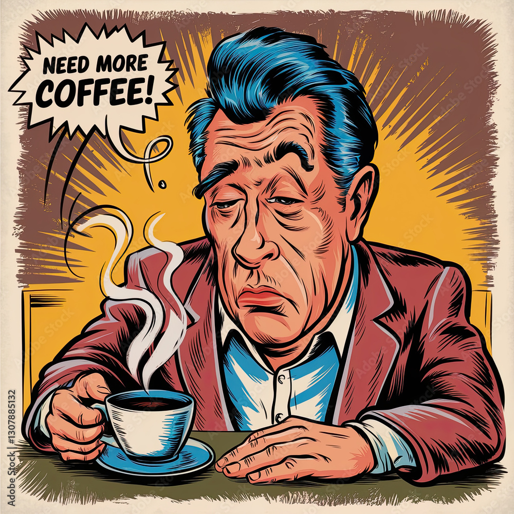 Cartoon businessman with blue hair drinking coffee Cartoon businessman with blue hair drinking coffee