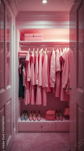 Generative AI. A stylish pink wardrobe filled with fashionable pink clothes and pink shoes, neatly arranged	
