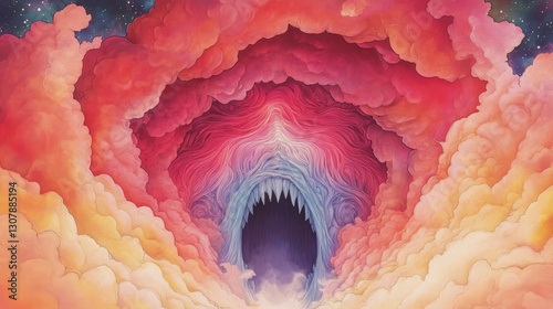 Surreal artwork depicting a gaping maw in a vibrant, colorful sky.  Intriguing and dreamlike.