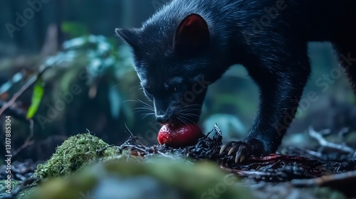 A dusky Tasmanian devil gnawing on carrion photo