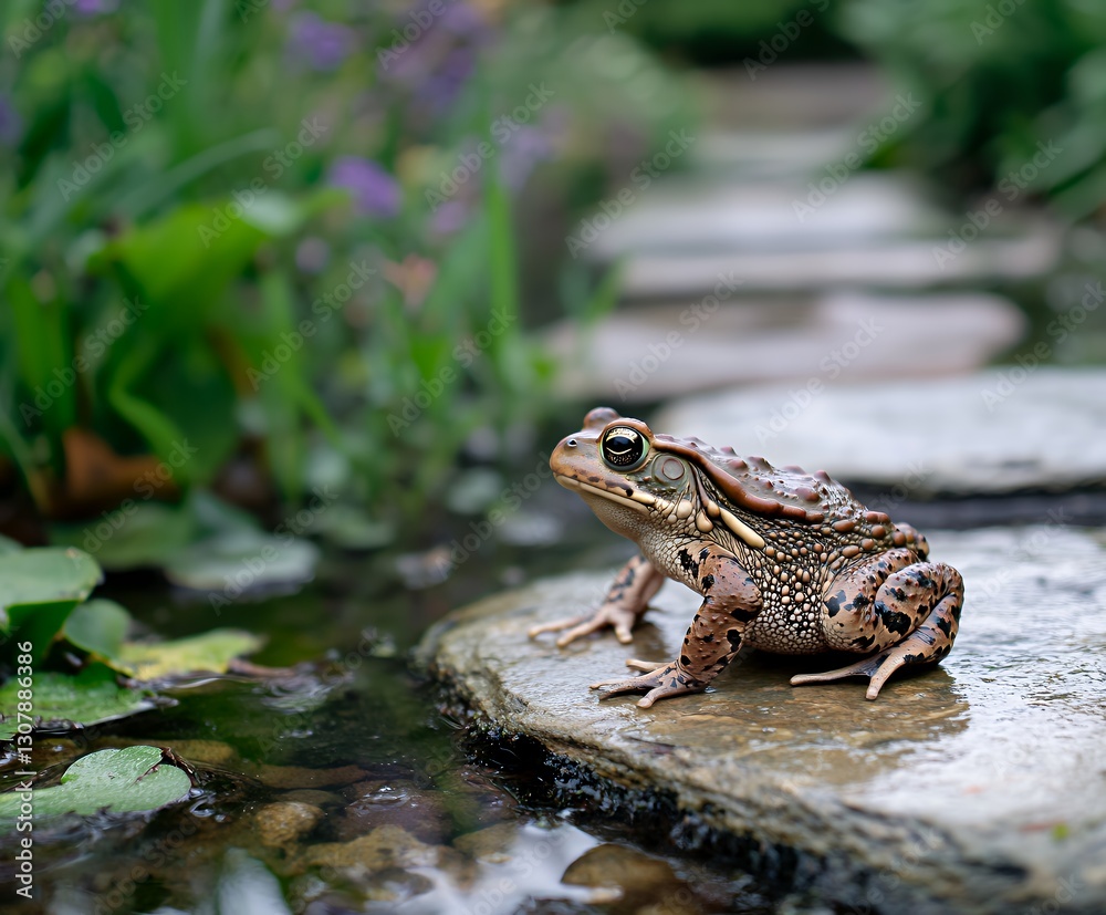 european toad balancing calmly on stone in pond european toad balancing calmly on stone in pond