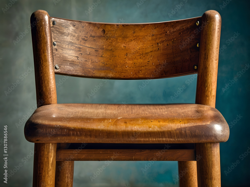 Fototapeta premium Vintage Wooden Chair: Close-up shot of a classic wooden chair against a soft backdrop, the grain of the wood is accentuated by the light, suggesting a story of functionality and simplicity.