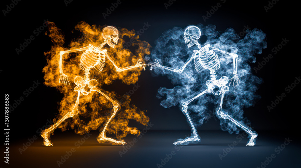 Fototapeta premium Yellow hot and blue cold human skeletons dancing or fighting on black background