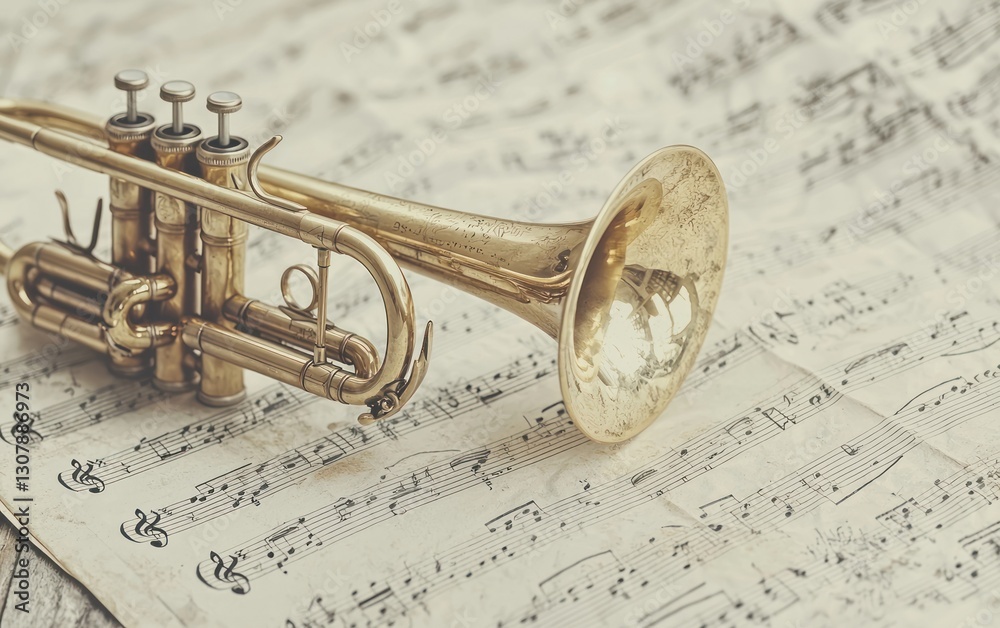 Naklejka premium Vintage trumpet rests on aged sheet music.