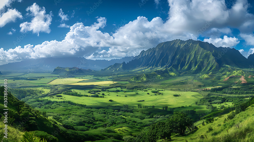 Naklejka premium Majestic Kauai Landscape: Mountains, Valleys, and Lush Fields