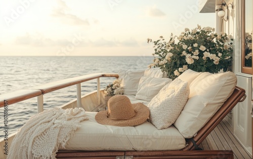 Relaxing sun-drenched yacht deck scene with straw hat, pillows, and ocean view.
