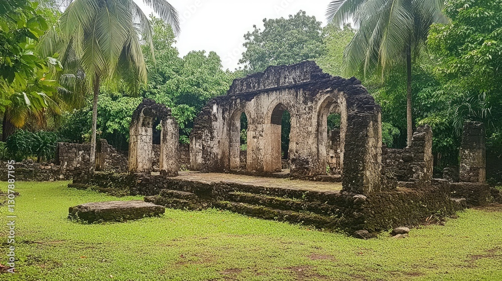 Ancient ruins of a lost civilization, overgrown with lush green vegetation. Ancient ruins of a lost civilization, overgrown with lush green vegetation.