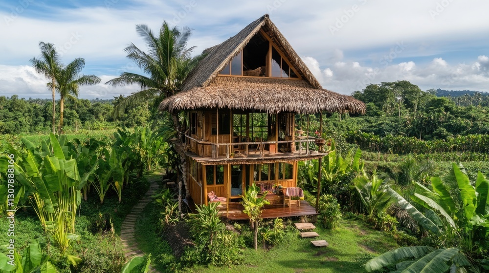 Bamboo eco-lodge in a tropical rainforest promoting sustainable community tourism. Bamboo eco-lodge in a tropical rainforest promoting sustainable community tourism.