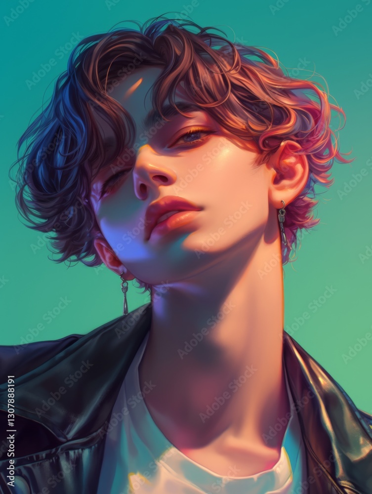 Fototapeta premium Confident young man profile illustration with short curly hair, stylish black jacket, and white t-shirt