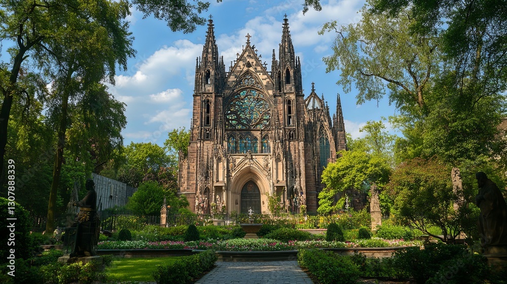 Obraz premium Gothic Church: Serene Garden Vista, Architectural Masterpiece