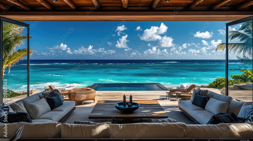 Fototapeta premium Beachfront resort villa with an open terrace and panoramic ocean views.
