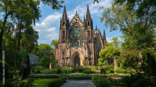 Gothic Church: Serene Garden Vista, Architectural Masterpiece