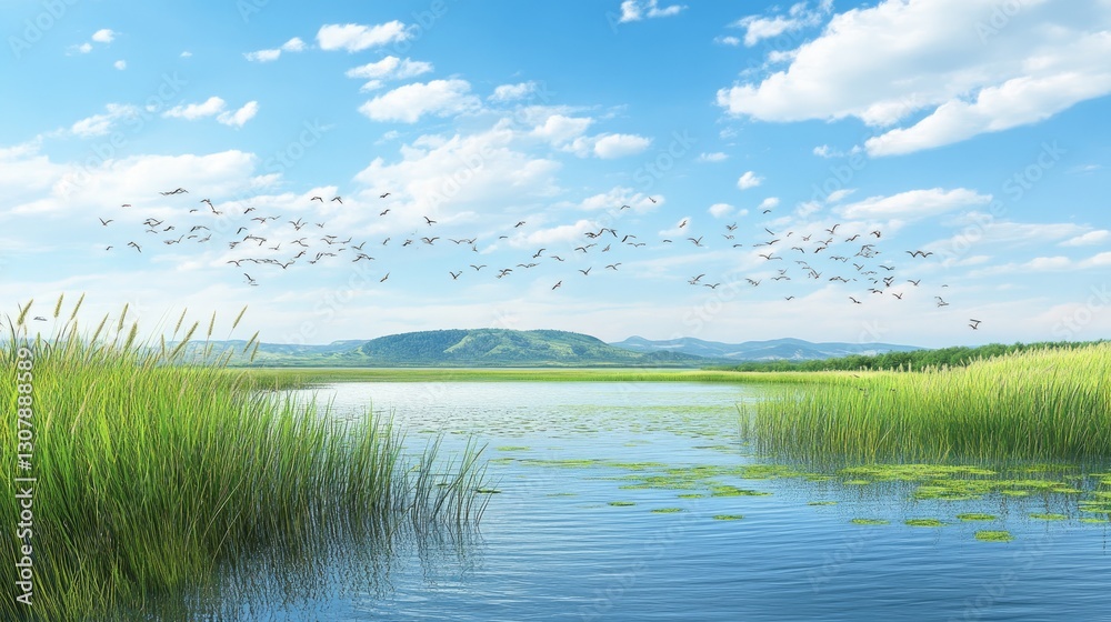 Biodiverse wetland ecosystem with flocks of birds, tall reeds, and reflective waters. Biodiverse wetland ecosystem with flocks of birds, tall reeds, and reflective waters.