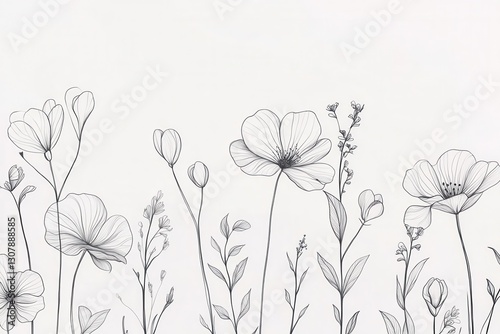 Minimalist floral pattern featuring delicate botanical line art on white background enhancing modern elegance Generative AI