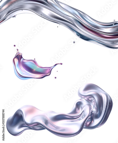 silver irridescent frozen liquid metal shapes.  High-gloss reflective surfaces. isolated