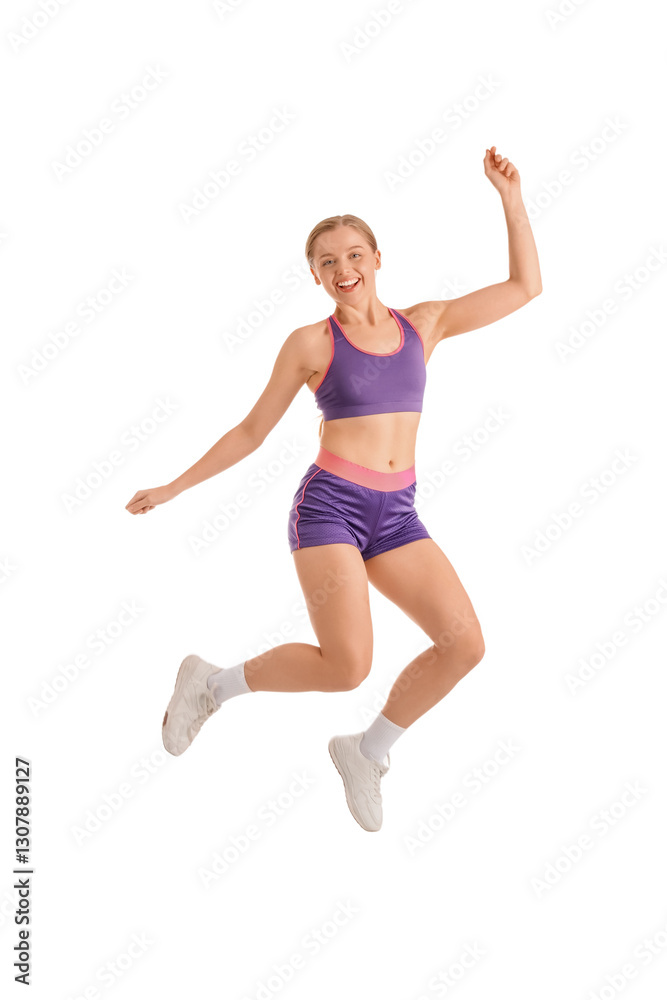 Sporty young woman jumping on white background Sporty young woman jumping on white background