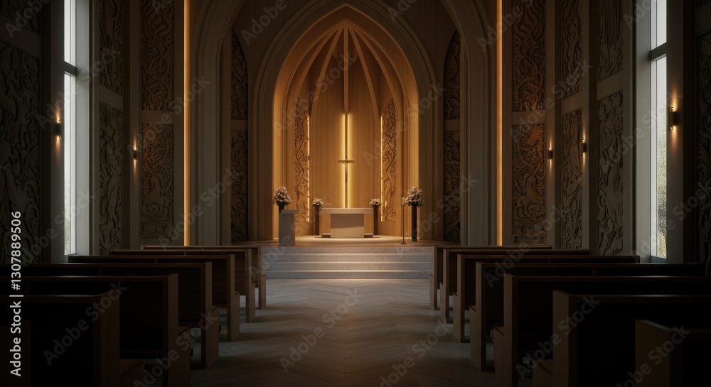 Fototapeta premium Interior of dimly-lit, modern church or chapel, with rows pews and illuminated altar