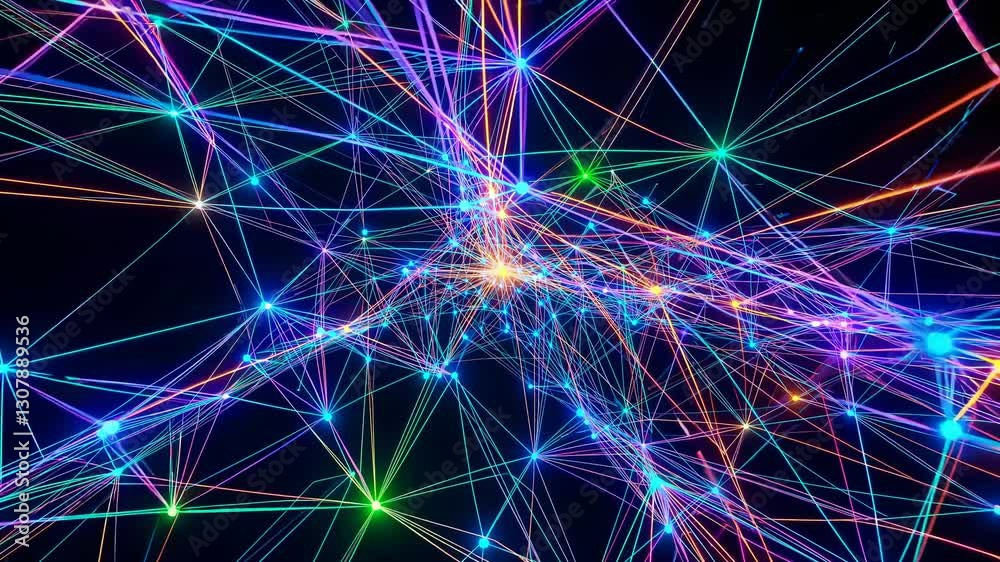 Dynamic video concept with colorful neon lines intersecting in a web-like pattern. Captured from a low-angle, creating a futuristic, immersive feel. Live desktop wallpaper.