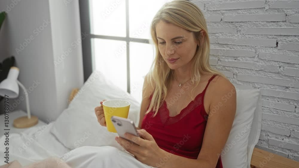 Woman relaxing in bed at home, drinking coffee, and browsing on a smartphone in a cozy bedroom. Woman relaxing in bed at home, drinking coffee, and browsing on a smartphone in a cozy bedroom.