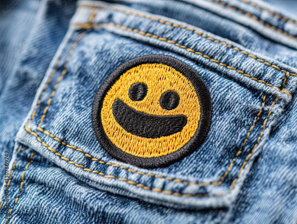 Embroidered cheerful smiley face patch on a denim pocket close-up Embroidered cheerful smiley face patch on a denim pocket close-up