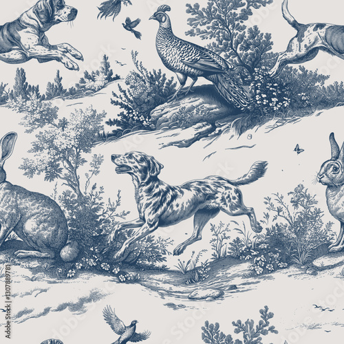 Seamless vector pattern with dogs, forest animals and birds. Traditional old European hunting motifs. Vintage engraving style illustration.