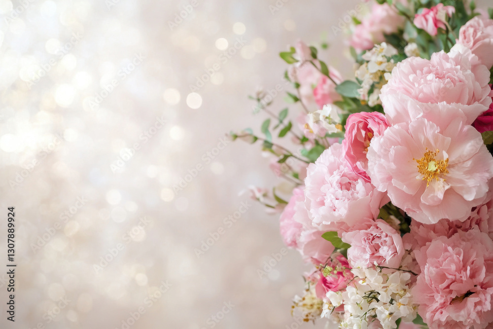 Bouquet of pink peonies blooming on a sparkling background Bouquet of pink peonies blooming on a sparkling background