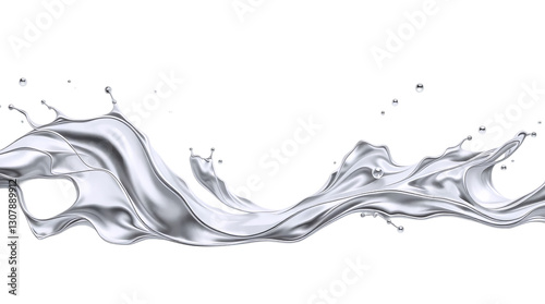 Abstract waves and splashes of liquid steel metal with realistic reflections. Smooth, curved shapes create a fluid and elegant effect. isolated