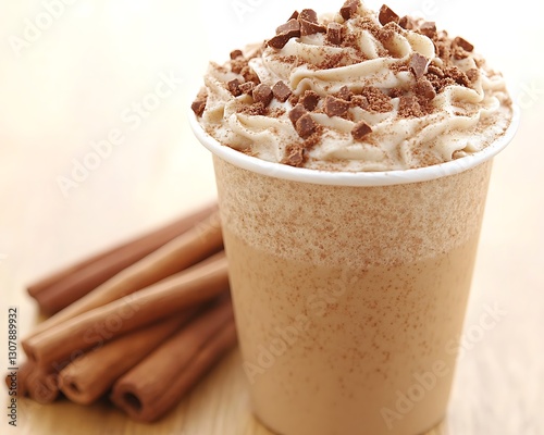 A creamy drink with whipped cream and chocolate pieces photo