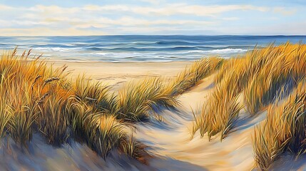 Stickers Plage et Mer Golden sand dunes meeting lush beach grass along the ocean, showcasing the vibrant coastal ecosystem where land and sea connect.  © Pixel Provisions