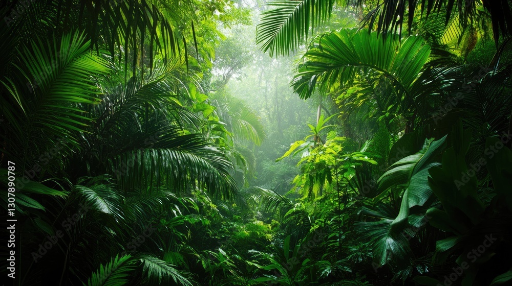 Dense tropical jungle with a misty canopy and vibrant green foliage. Dense tropical jungle with a misty canopy and vibrant green foliage.