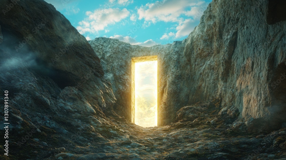 Imagem de uma porta iluminada entre rochas