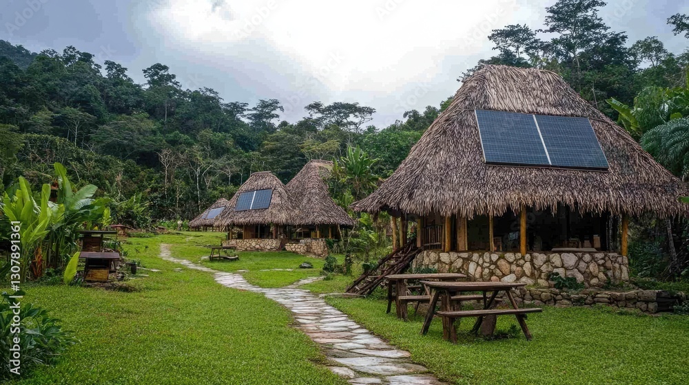 Eco-tourism lodge with solar panels and sustainable materials in a local village. Eco-tourism lodge with solar panels and sustainable materials in a local village.