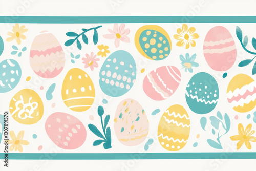 Easter eggs and flowers forming a decorative border