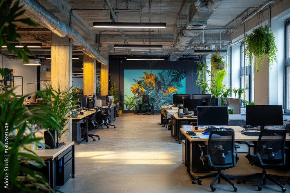 Naklejka premium Modern office, plants, artwork, sunlight, coworking space