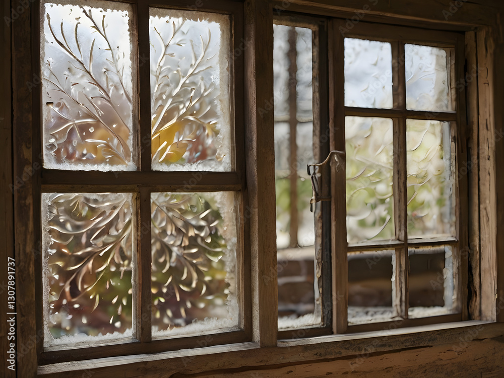 Fototapeta premium Antique Window with Etched Glass: A charming view through an antique window featuring beautifully etched glass panes, showcasing the outside world in a unique and artistic way.