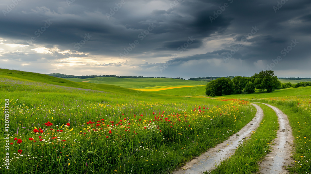 Obraz premium Dramatic landscape with rain-laden clouds and lush fields
