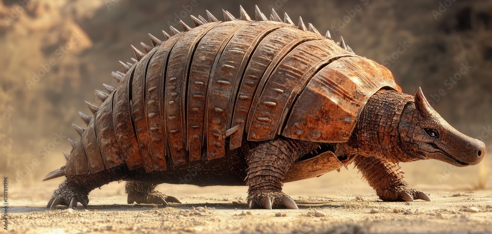 Fototapeta premium A formidable steampunk armadillo strides across a desolate landscape