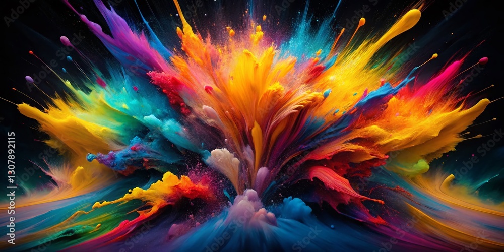 Obraz premium Abstract Colorful Explosion Painting, Black Canvas, High Depth of Field, Vivid Colors, Modern Art
