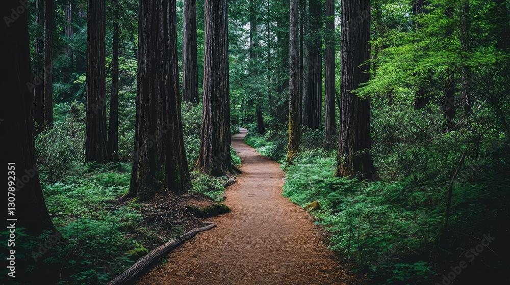 Fototapeta premium Forest bathing experience with a pathway through tall trees and fresh air.